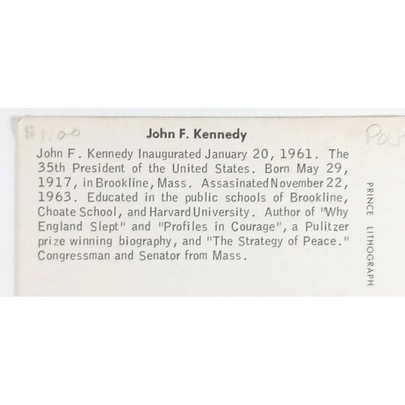 John F Kennedy Postcard 35th USA President Smiling Prince Lithograph Company - Picture 4 of 4